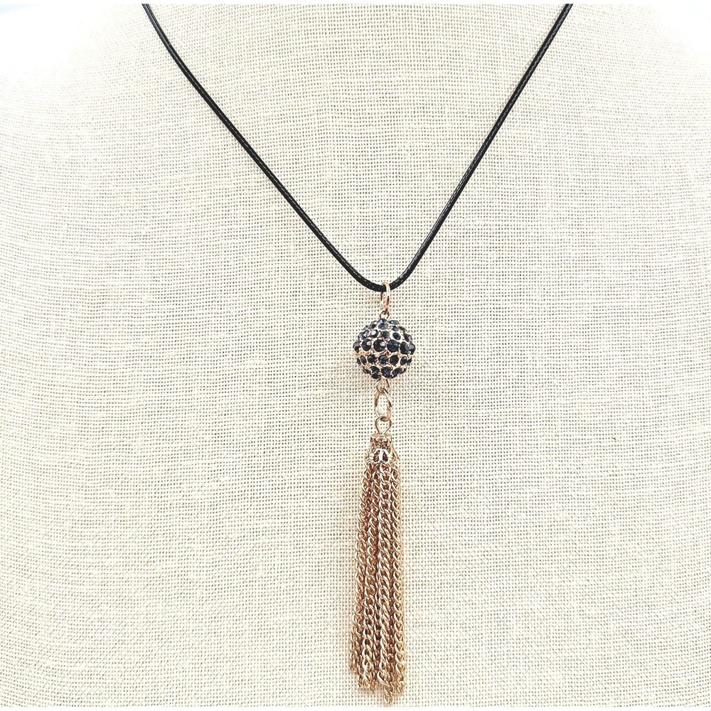 Vintage 90s Blue Glass Gold Tone Ball Tassel Pendant Black Cord Necklace Jewelry