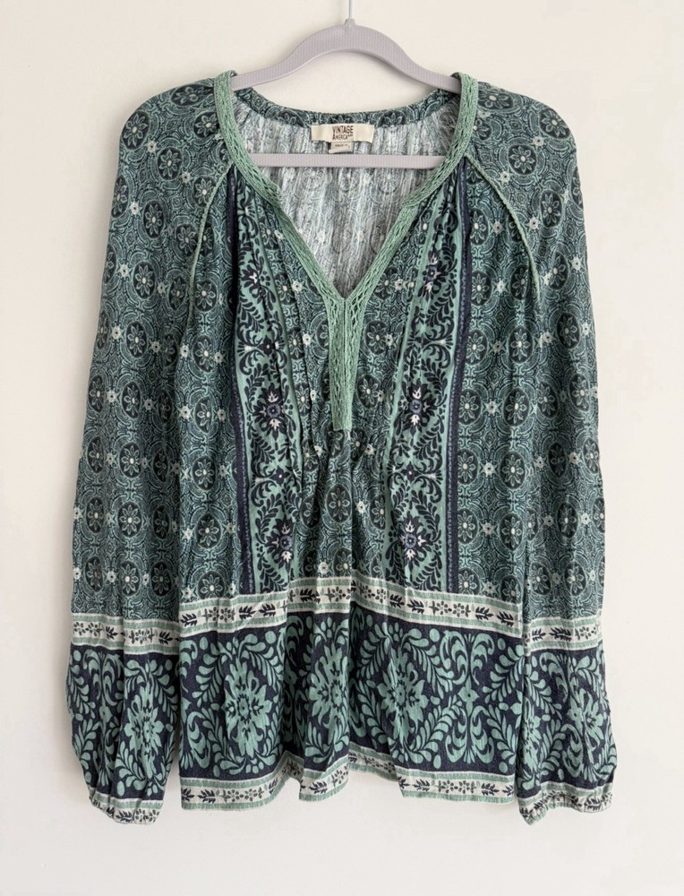 Vintage America Blues Boho Embroidered Floral Peasant Blouse TOP Green MEDIUM