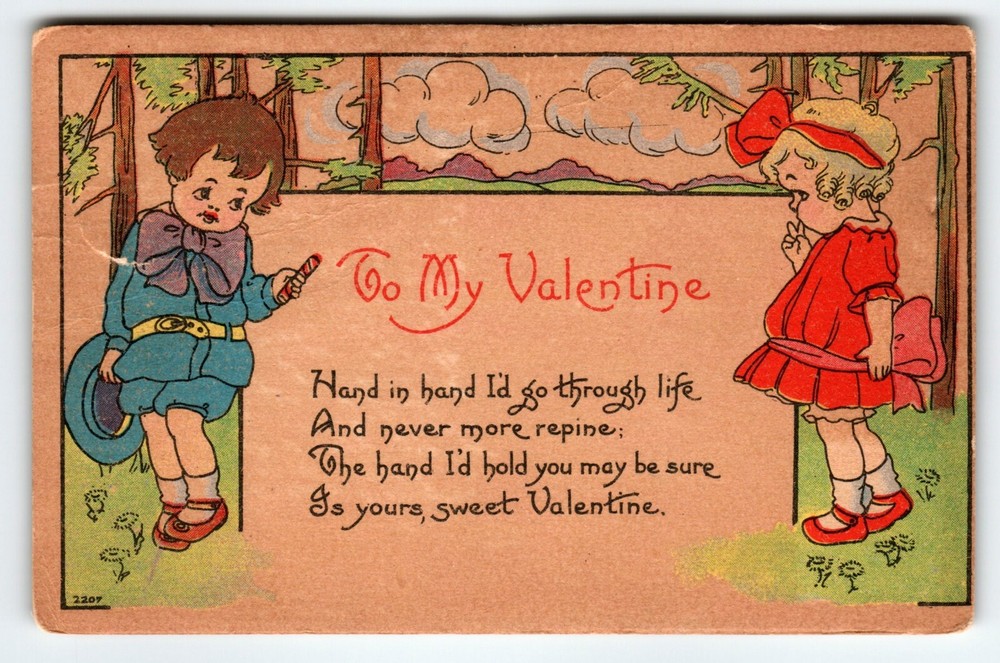 Valentines Day Postcard Children Outside Series 2207 Bergman 1913 Vintage FAIR
