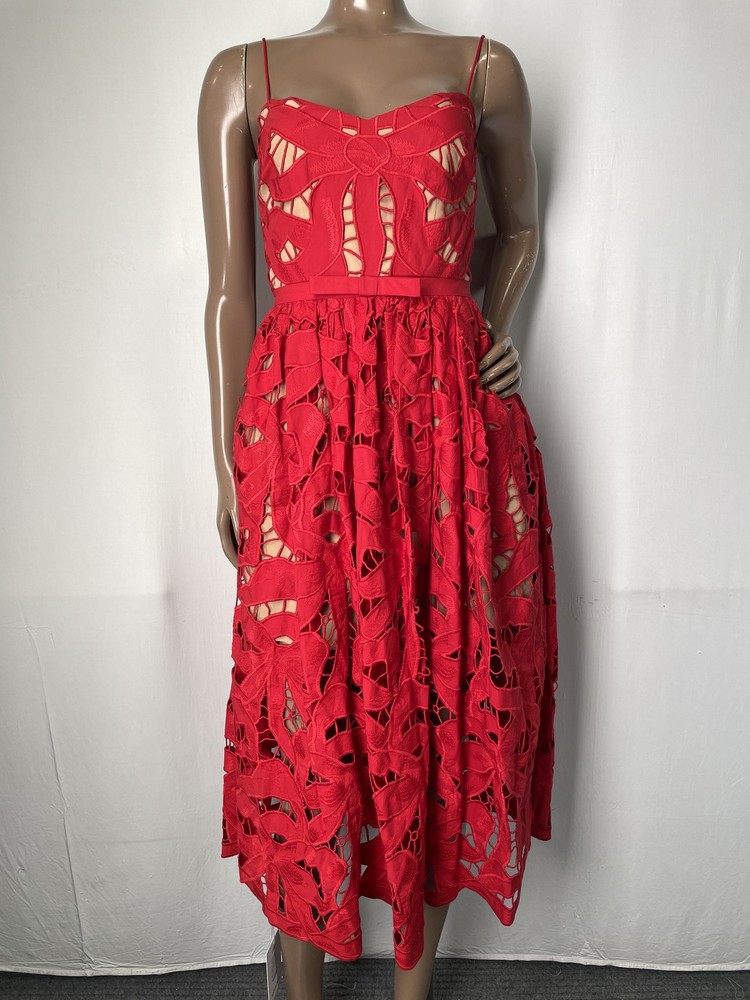 Self-Portrait Womens Midi Dress Red Size 0 Bow Embroidered Cotton Strap Sleeve