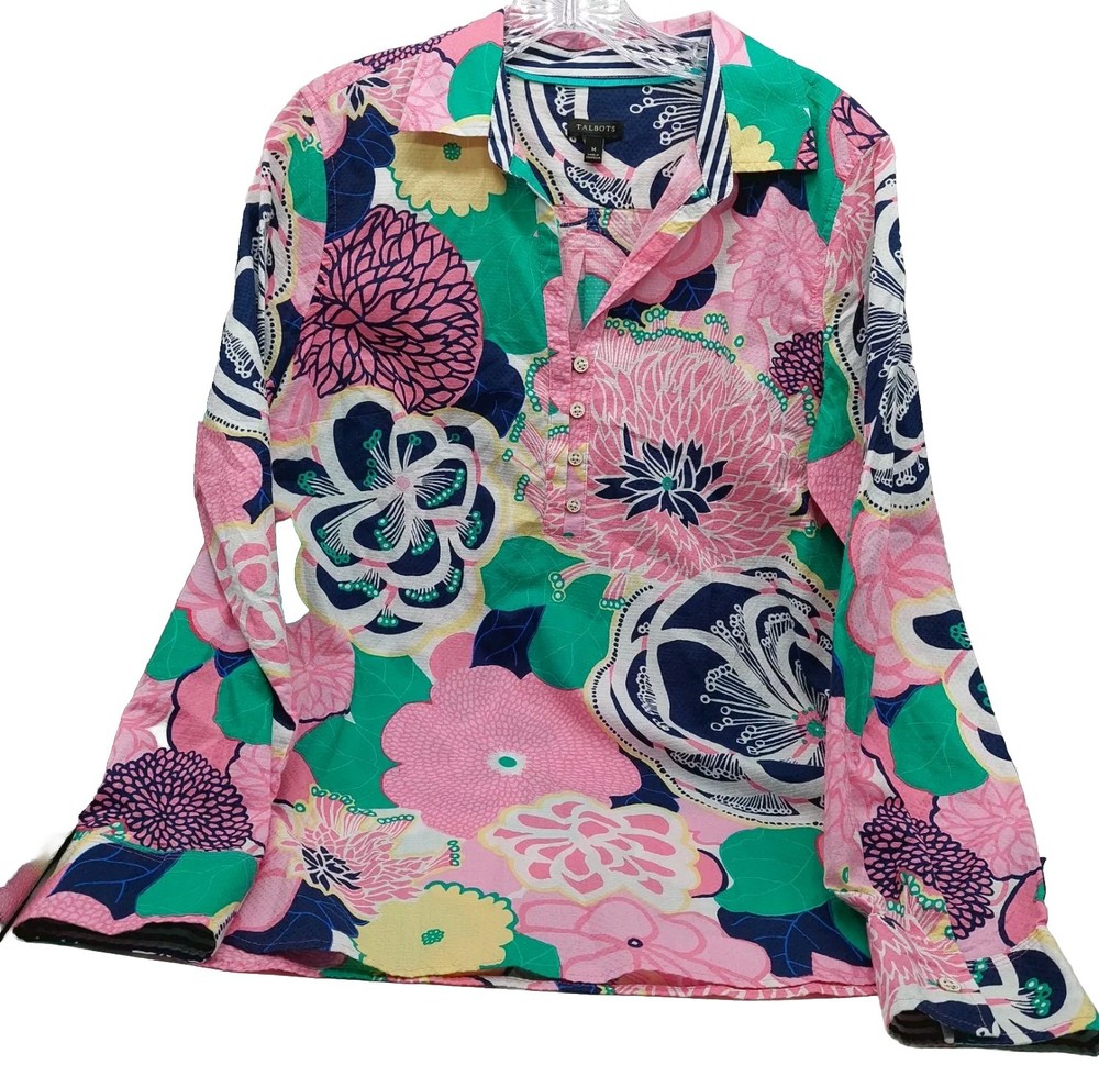 Talbots Shirt Multicolor Floral Top Size Medium V Neck Lightweight