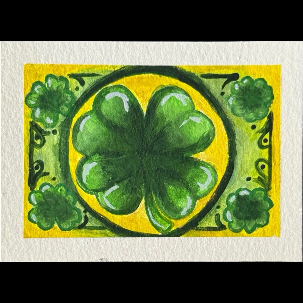 ACEO Original Acrylic 2.5x3.5 Four Leaf Clover St Patricks Day