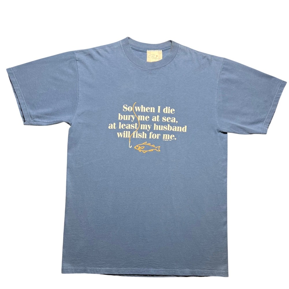 Vintage 90s Funny Fishing Joke Graphic T Shirt Mens Large Blue Pegi Goff Tee