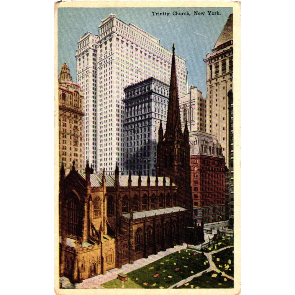 Vintage Trinity Church Postcard New York City Wall Street Linen N. Y. 381 NYC