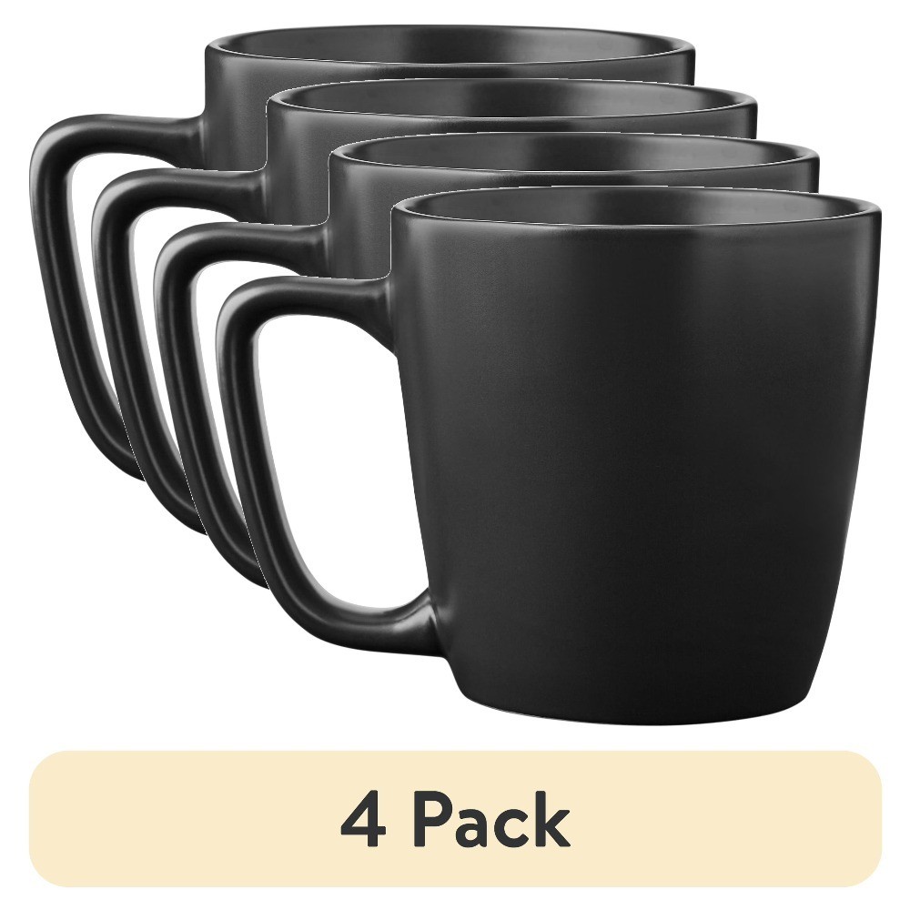 4-Pack 14oz Matte Black Stoneware Mugs Set of Four Solid Color Coffee Cups