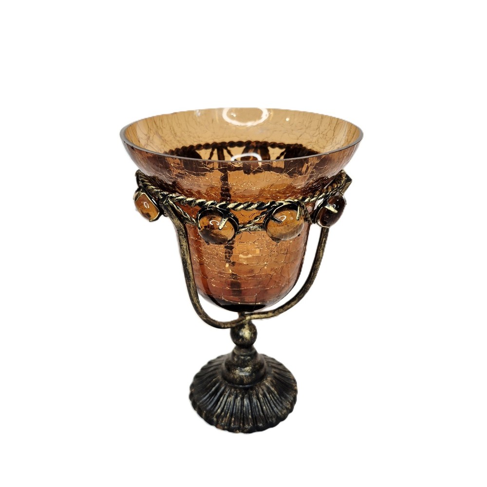 Vintage Amber Crackle Glass Candle Holder with Metal Stand – Ornate Bronze Base