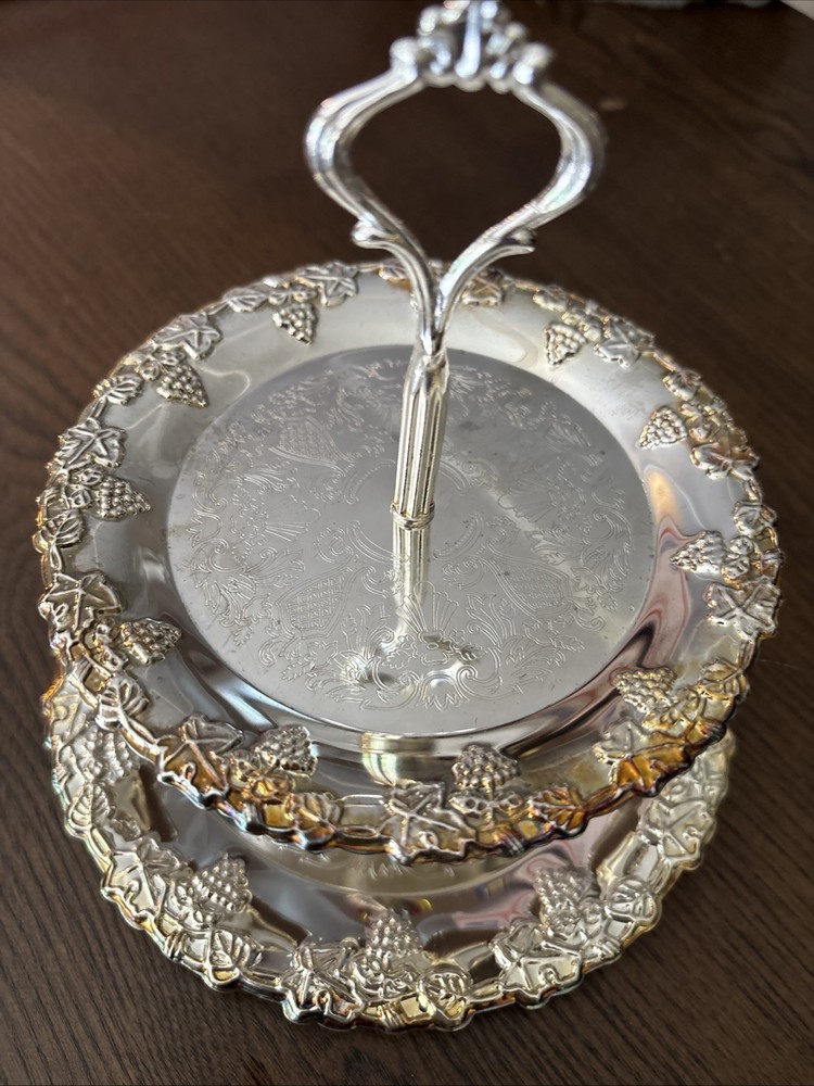 Two Tier Serving Tray  Vintage Silver Trimmed In Good