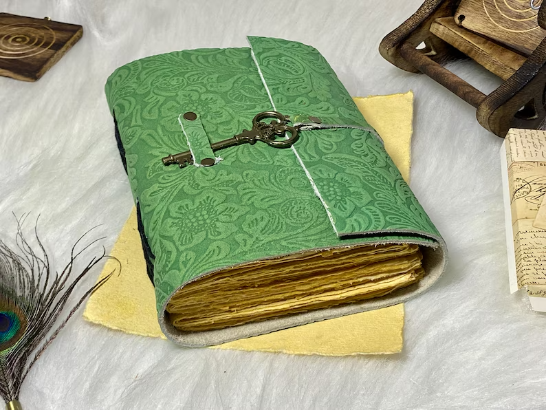 Vintage Grimoire Leather Journal with Floral Key Design for Men and Women