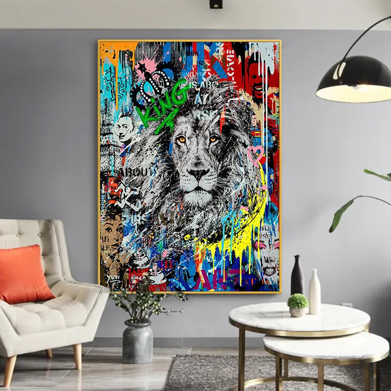 Abstract Lion Graffiti Canvas Wall Art Painting Picture  -image