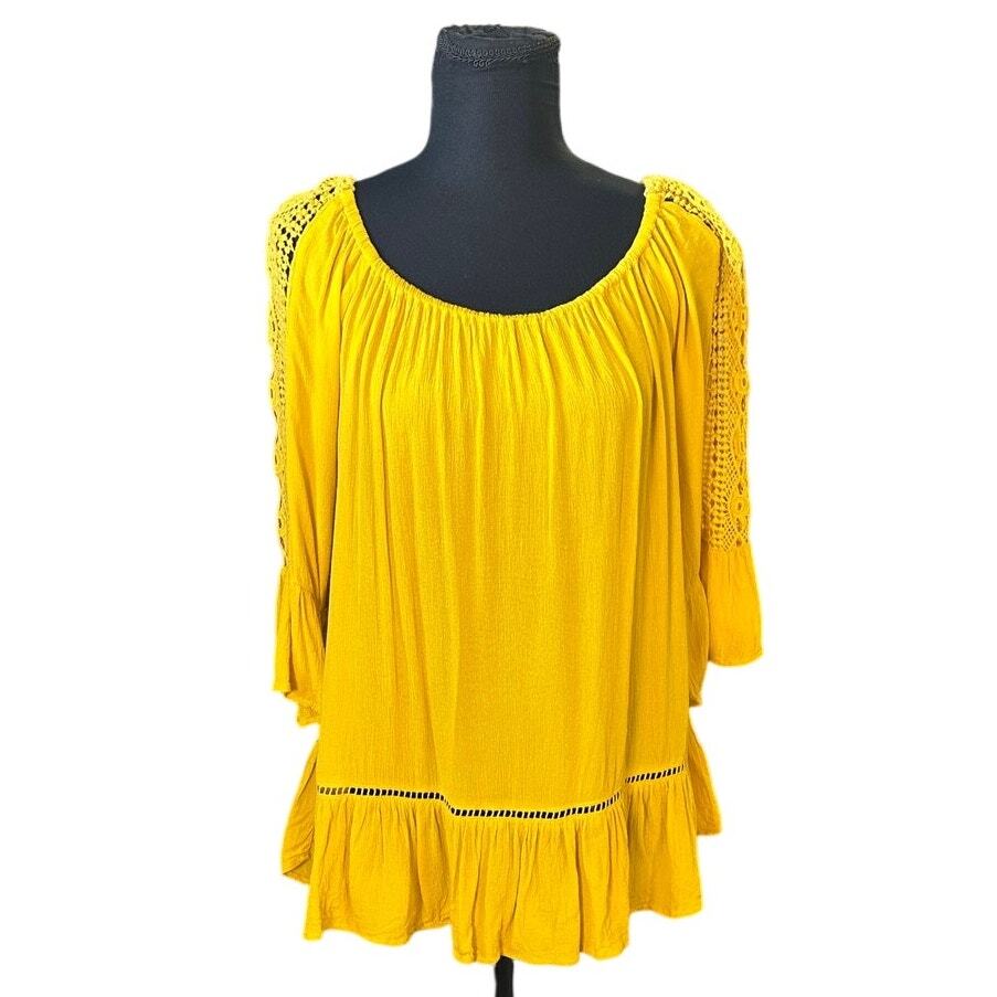 Fever Yellow Scoop Neck Bohemian Style Peasant Blouse Size M