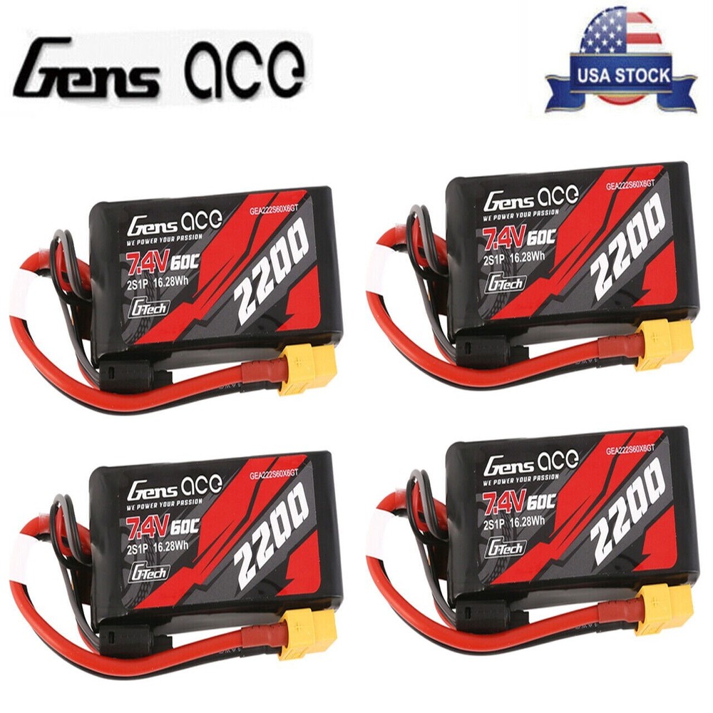 4x Gens Ace G-Tech 60C 7.4V 2200mAh 2S Lipo Battery XT60 For Traxxas 1/16 E-Revo-image