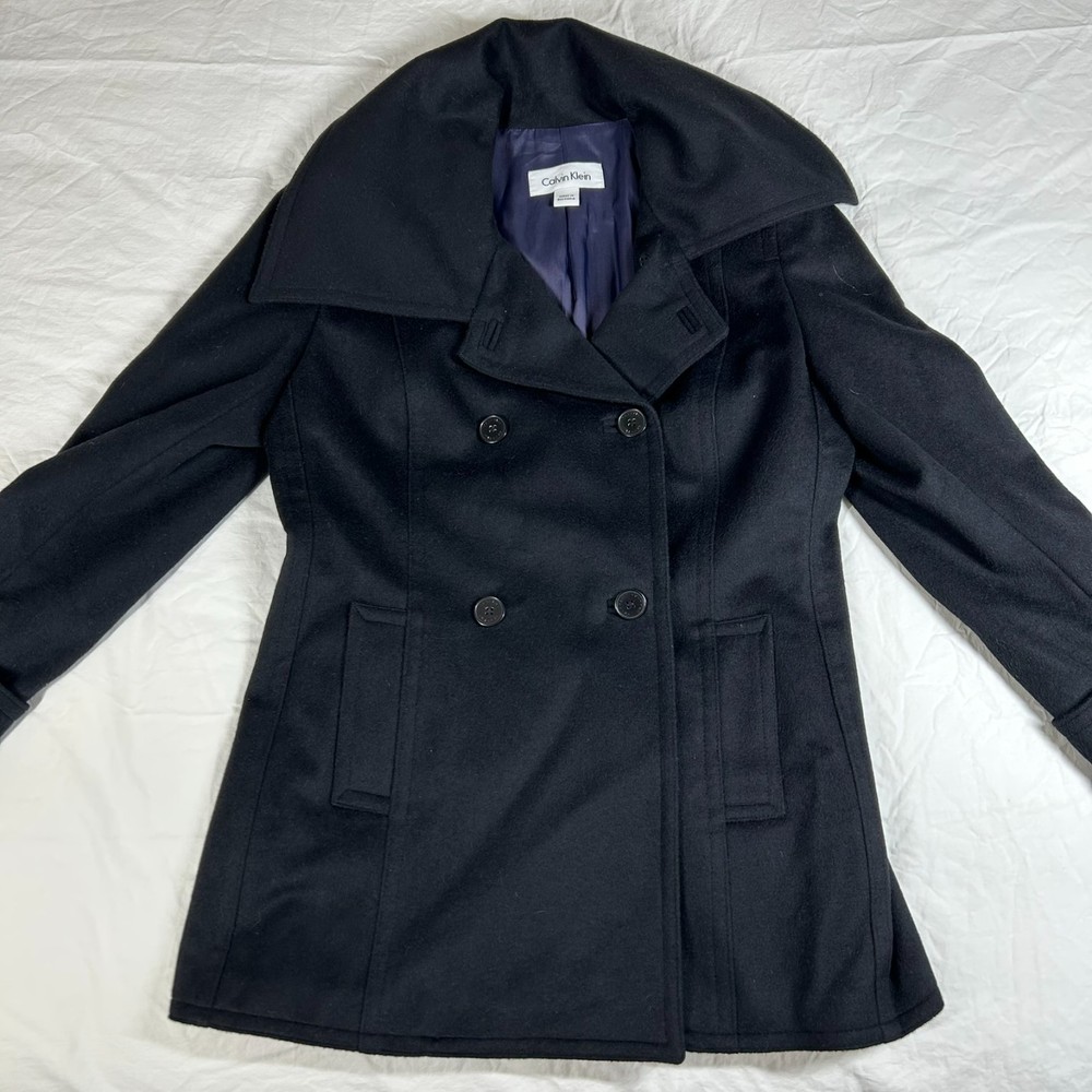 Calvin Klein Black Peacoat Wool/Cashmere Sz 12 Woman’s Coat Button Lined
