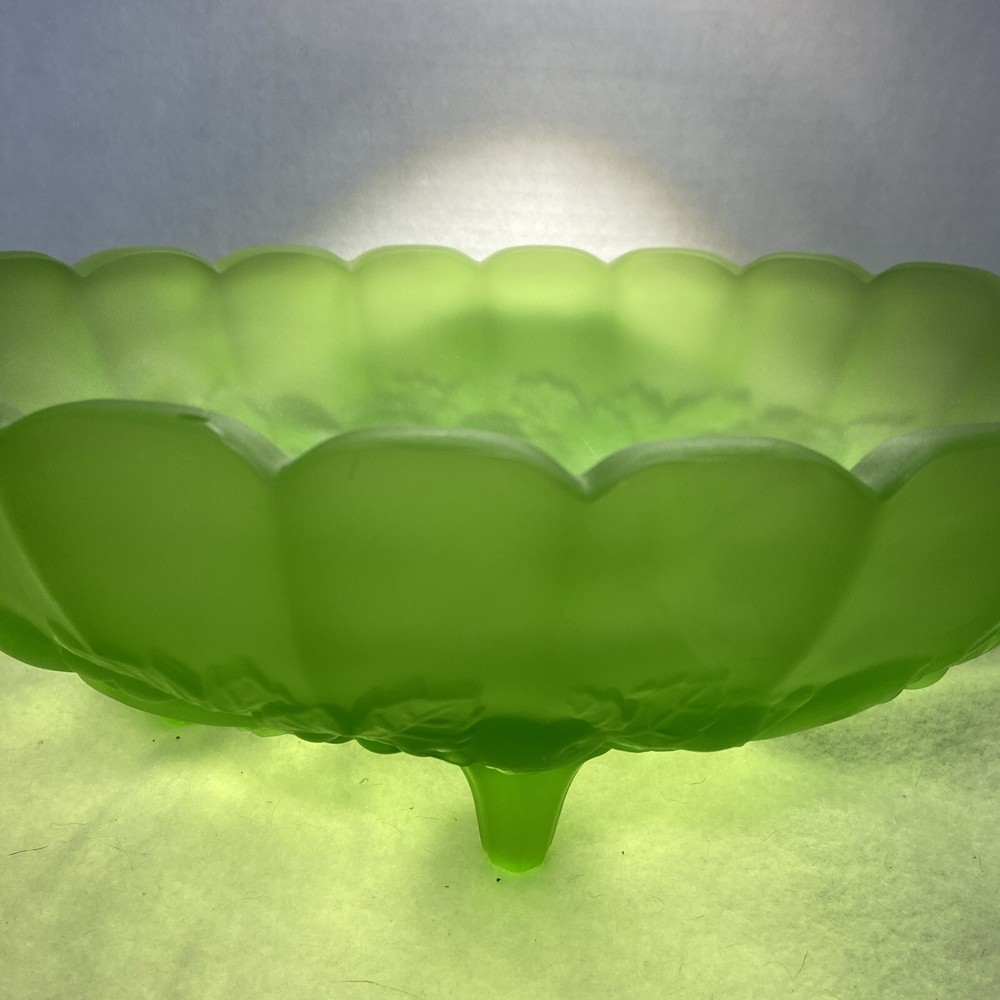 Vintage Frosted Green Satin Glass Oval Footed Fruit Bowl 12