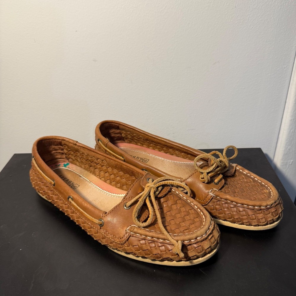 Sperry Top Sider Leather Woven Boat Shoes Tan Slip On Loafers Womens Size 8.5 M
