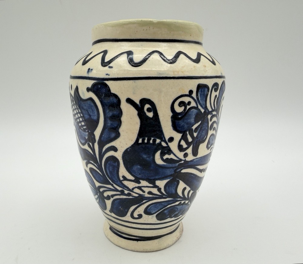 Korond Hand Crafted Art Pottery Blue Bird Floral Vase 4” Rustic Folk Art Romania