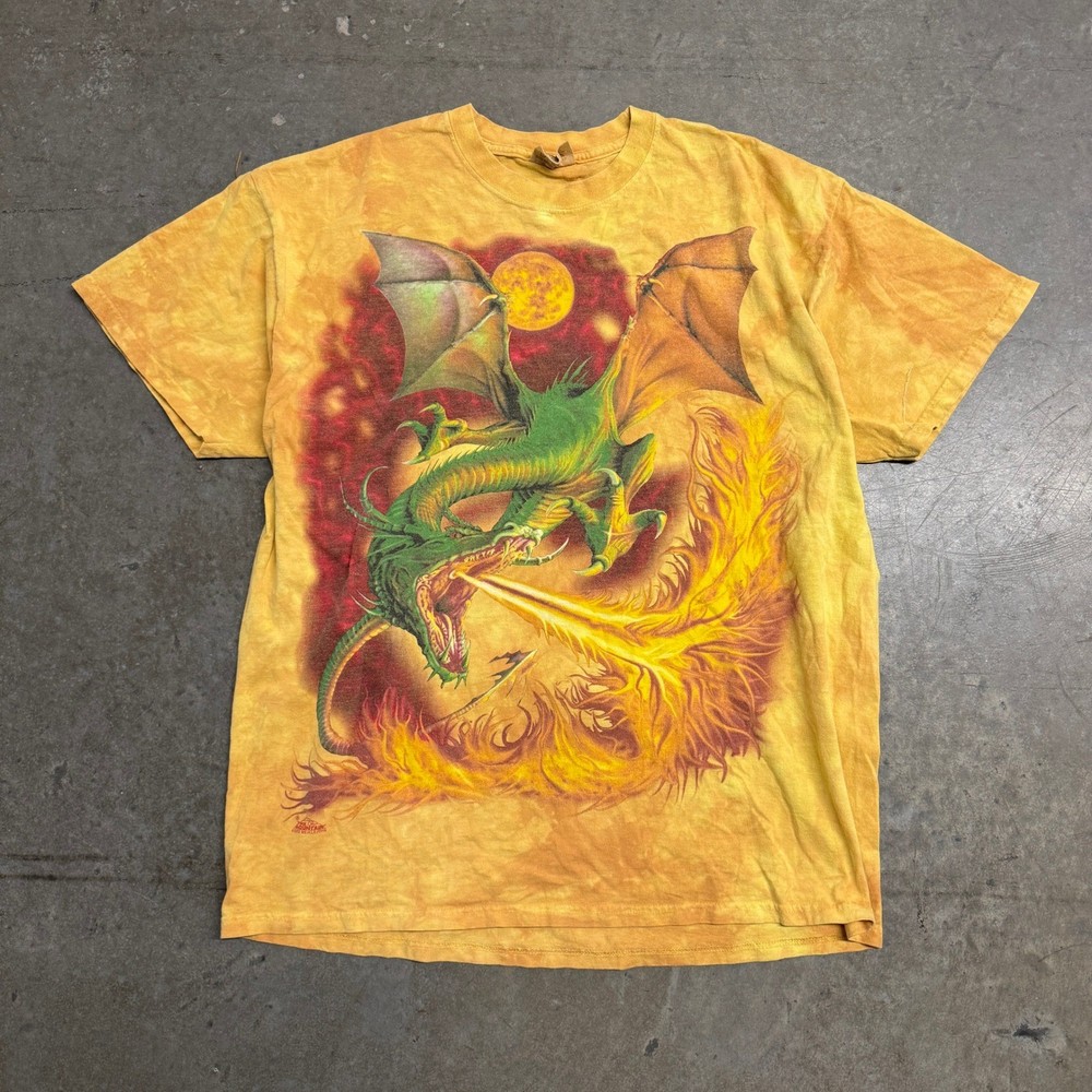 The Mountain Fire Breathing Dragon Tie Dye Graphic T-Shirt Mens XL Yellow Orange