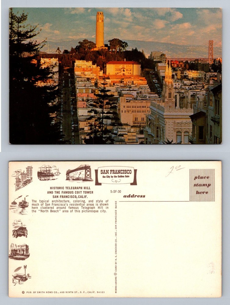 San Francisco, CA-California, Telegraph Hill Coit Tower Beach Vintage Postcard