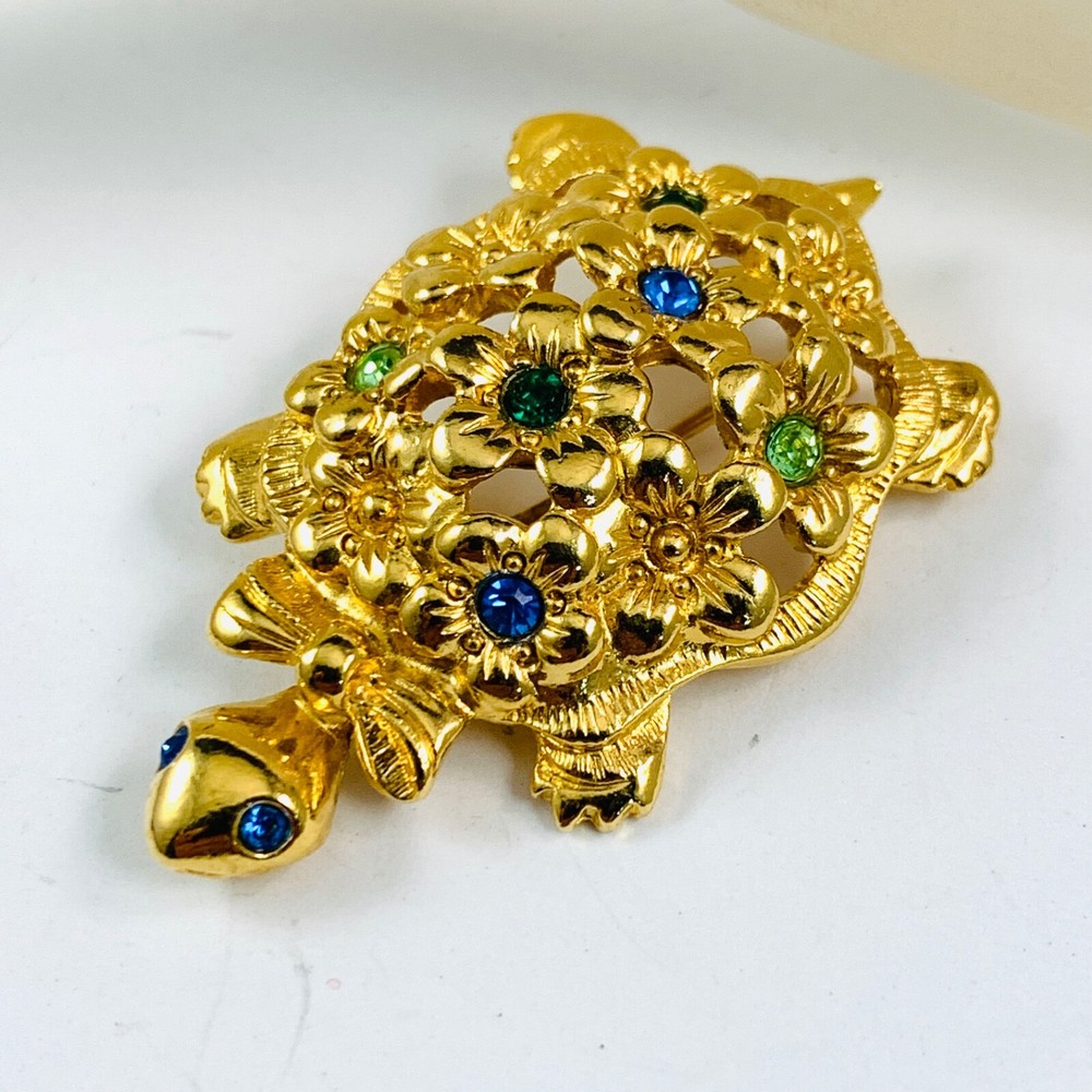 Vintage AVON Turtle Brooch  Multicolor Rhinestone Gold Tone