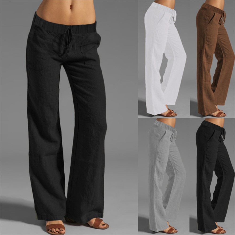Women's Summer Drawstring Waist Wide Leg Loose Cotton Linen Palazzo Pants