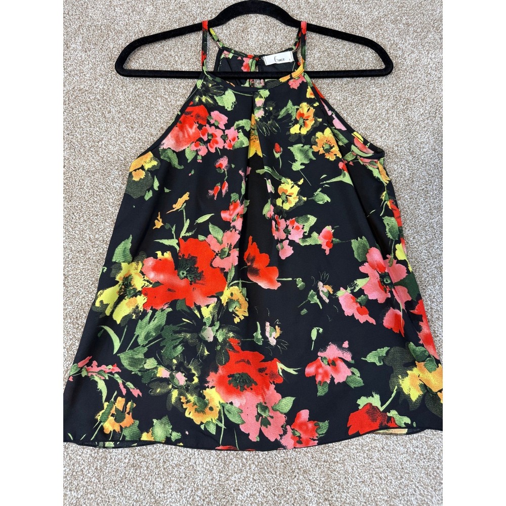 Grace Womens Floral Halter Neck Blouse Black Red Yellow High Neck Pleated Small