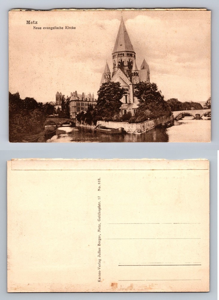 Metz France, Temple Neuf (New Protestant Church) Moselle River Vintage Postcard