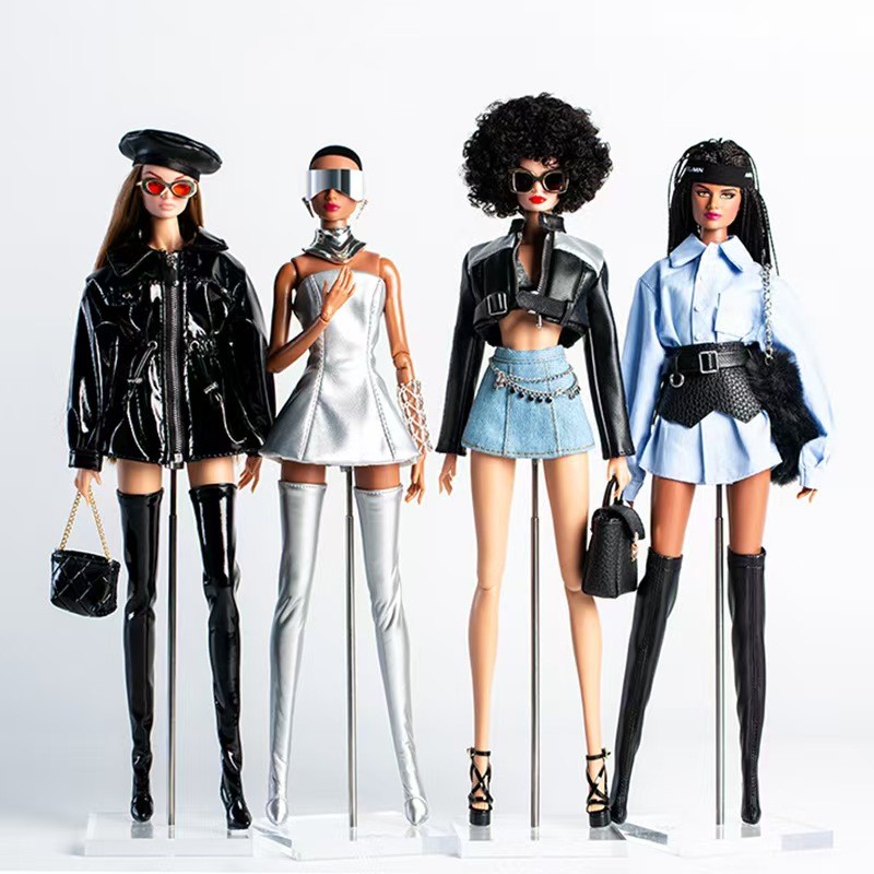 Cool Black Silver Leather 1/6 Doll Clothes Outfit Bra Coat Dress Gown Bag 11.5