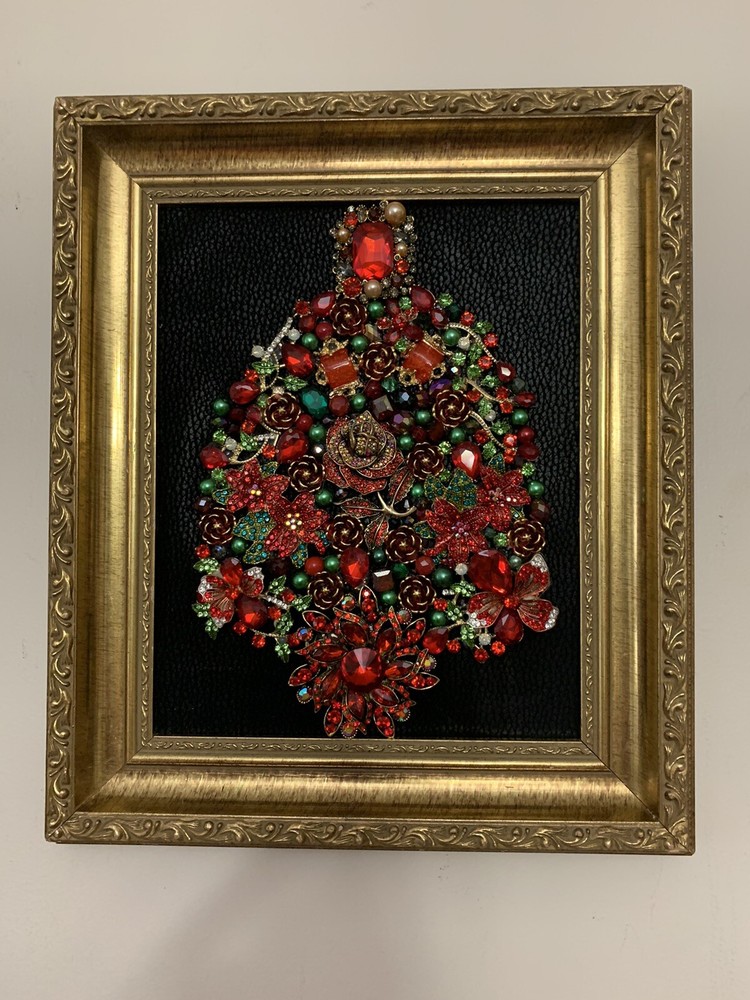 vintage jewelry art Floral Collage Christmas Tree framed