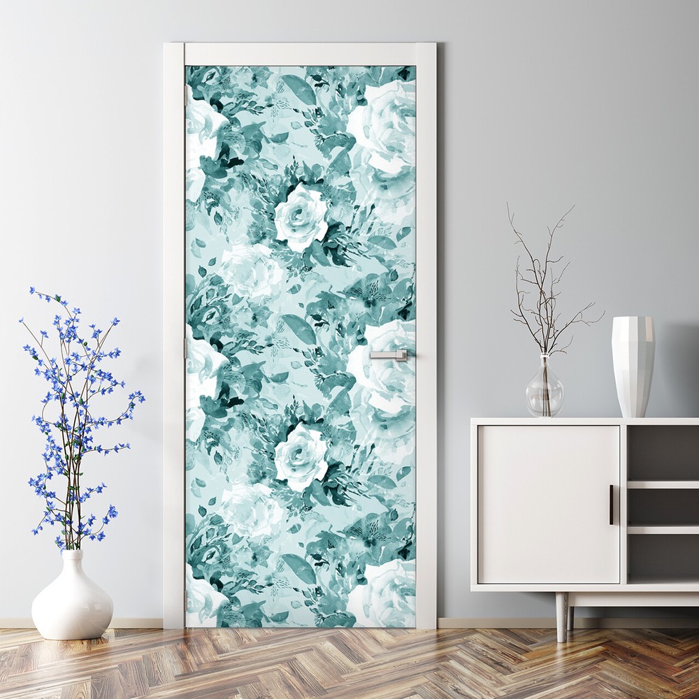 Aqua flowers Bubble Free blue Door Decal Reusable self adhesive wallpaper