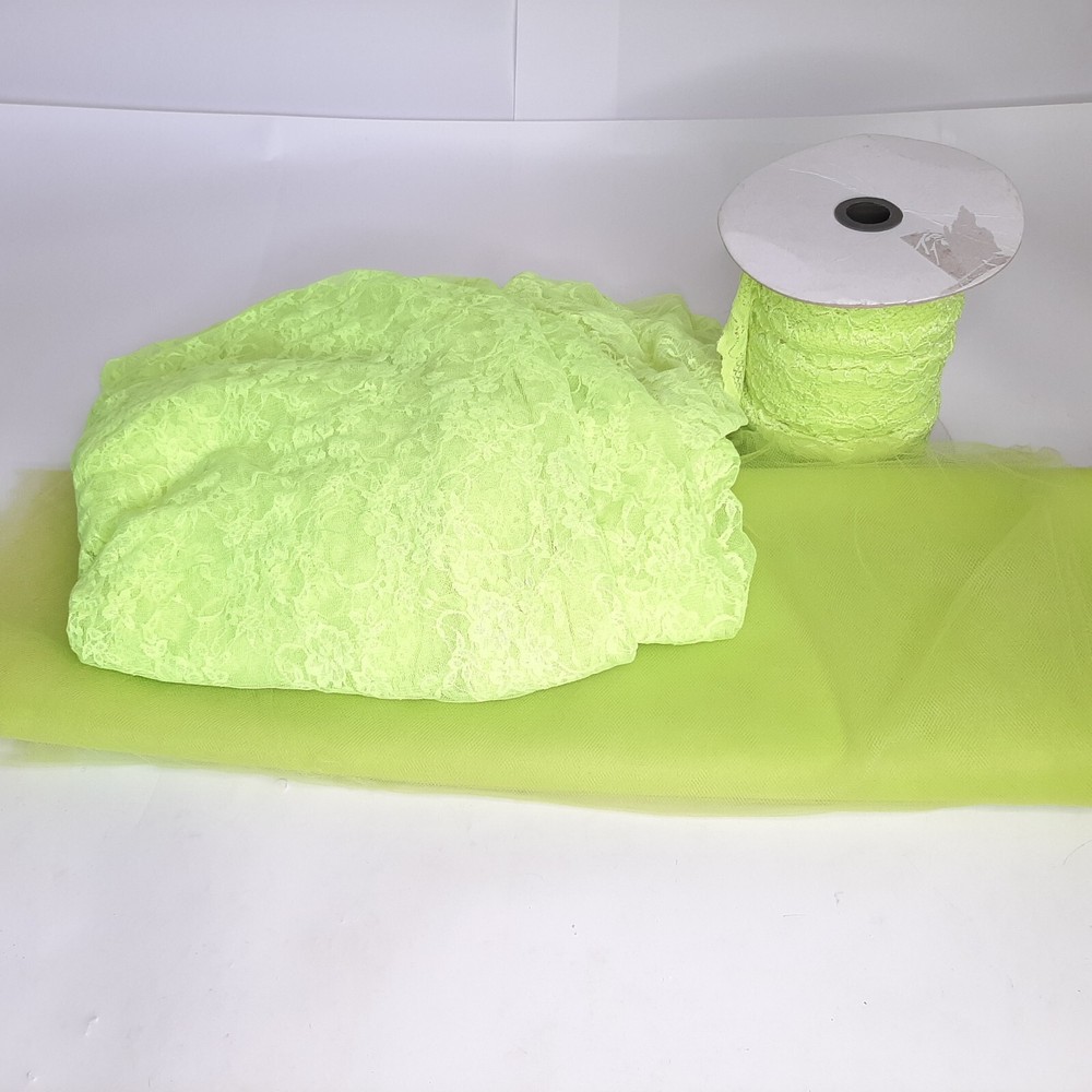 Neon Yellow Green Fabric Bundle Stretchy Lace, Tulle, & Roll of Wide Ribbon
