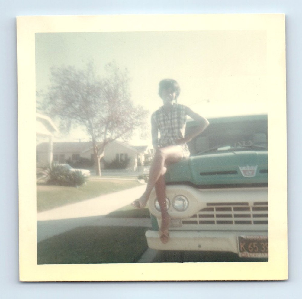 Old Vintage Square Color Photo SOLO LEGGY WOMAN ON HOOD FORD PICKUP TRUCK