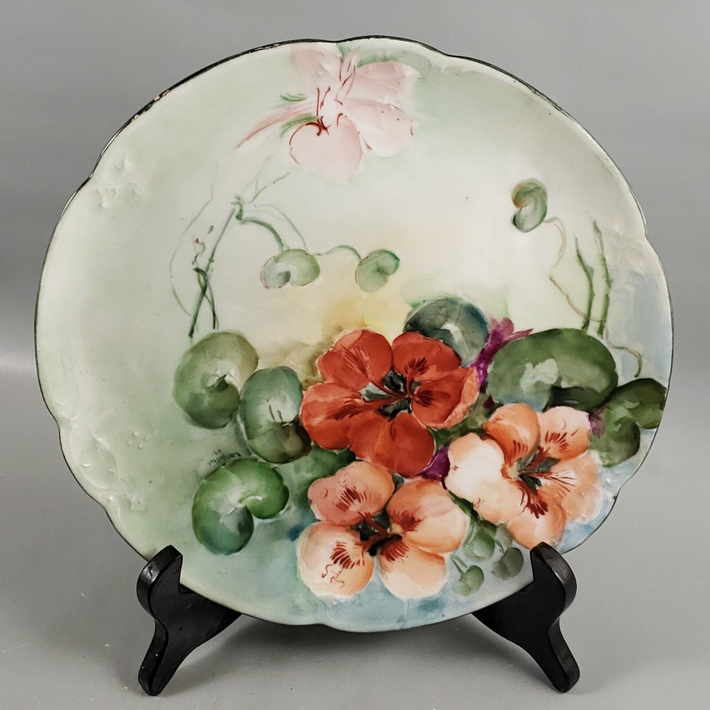 Art Nouveau Signed 1907 RED NASTURTIUM Floral Hand Painted PORCELAIN PLATE