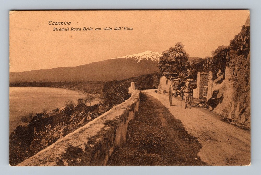 Italy- Taormina Scenic Road With View Of Mt. Etna Old Card PC Vintage Postcard