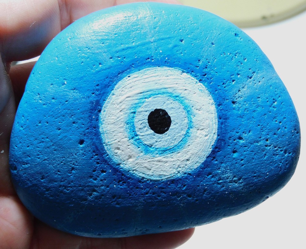 Hand painted rock Stone art with all seeing eye & Hasma hand 2 sided painting