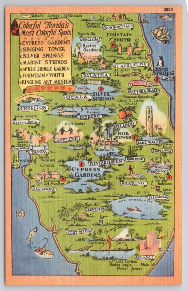 Vintage Tichnor Florida Map Postcard - Colorful Attractions & Landmarks