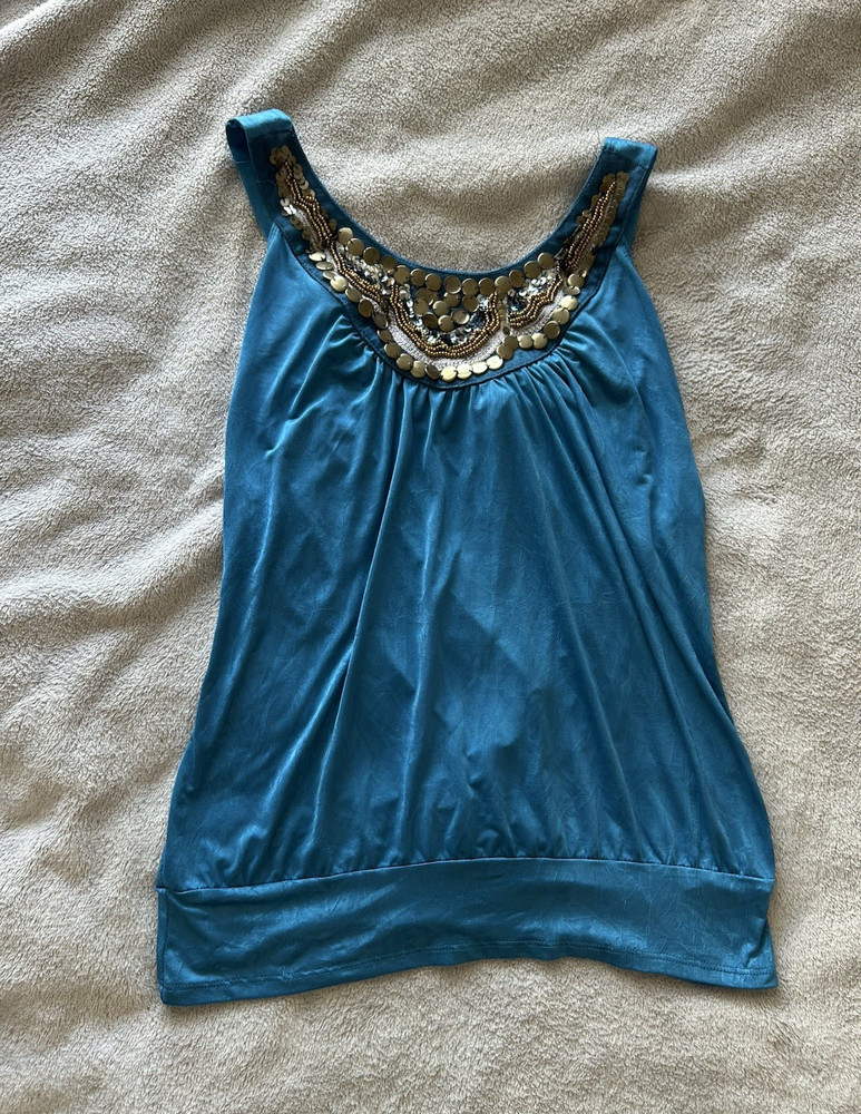 Heart Soul Y2K Blue Scoop Neck Sequin Beaded Jersey Tank Top Womens S