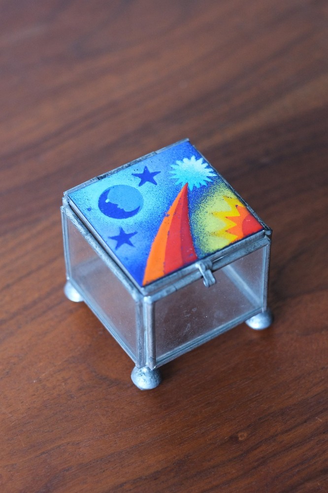 Vintage Celestial Sun Moon Stars Lidded Trinket Jewelry Box