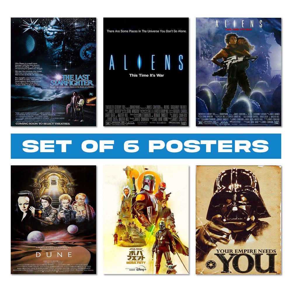 Retro Sci-Fi Movie Poster Collection - Set of 6 with Alien, Star Wars, Dune, and Starfighter Artwork