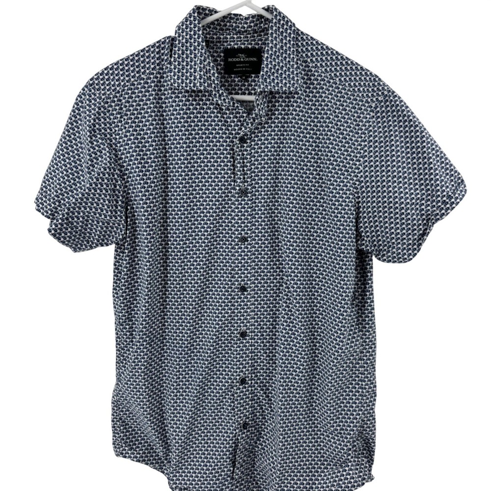 Rodd & Gunn Sports Fit Mens Short Sleeve Button Up Shirt Blue White Dog Print M