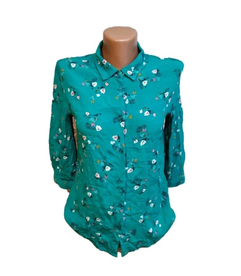 Sessun Women's Floral Blouse Size S Green Teal 100% Viscose Button Up Shirt