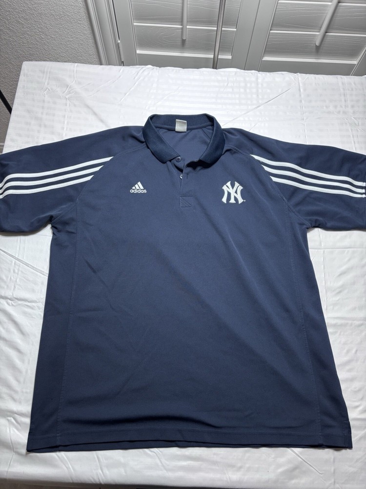 New York Yankees Shirt Sz 2XL Adidas Polo Three Stripes Navy Blue Climacool