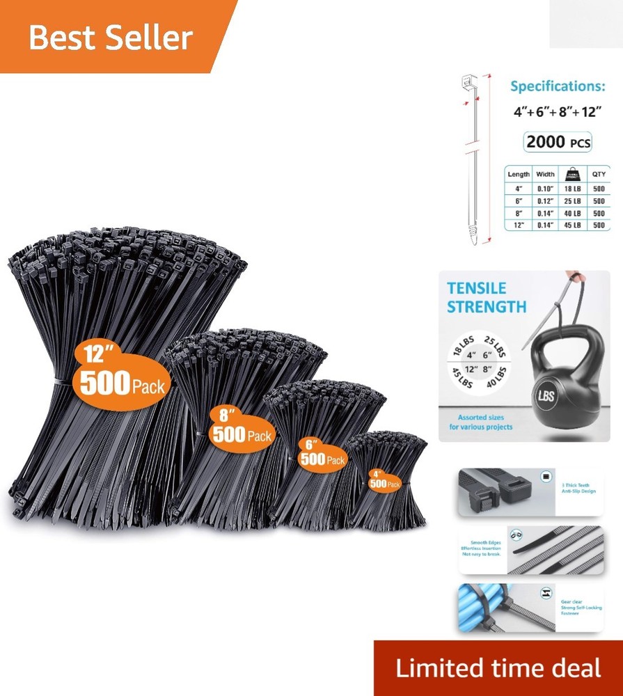 2000 Pack Black Cable Ties Assorted Sizes 4-12 Inch Multi-Purpose Zip Ties