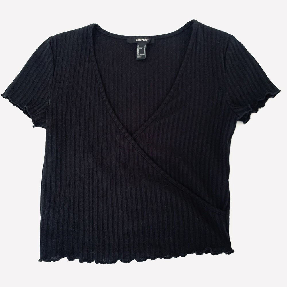 Forever 21 Crop Top S Black Faux Wrap VNeck Lettuce Ruffle Hem Preppy Grunge