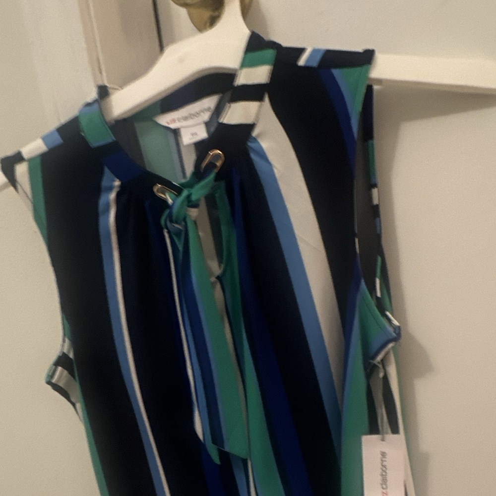 Liz Claiborne Women’s S Sleeveless V-Neck Striped Tie Blouse Multicolor