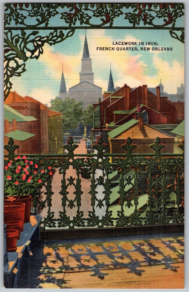 Vtg Linen Postcard Lacework Iron Balcony New Orleans, LA 1930s