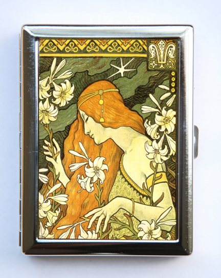 Art Nouveau Goddess Cigarette Case id case Wallet Business Card Holder flowers