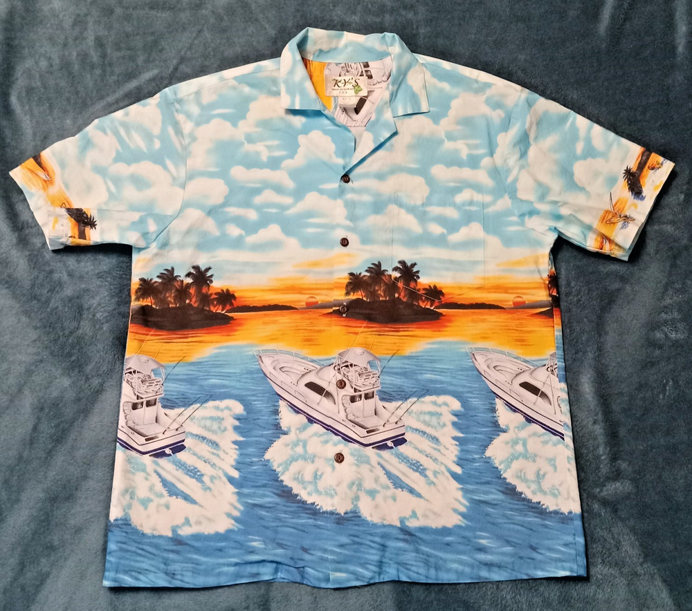 Ky's Aloha Hawaiian Shirt Sport Fish/Palm Tree Sunset Made In Hawaii Large