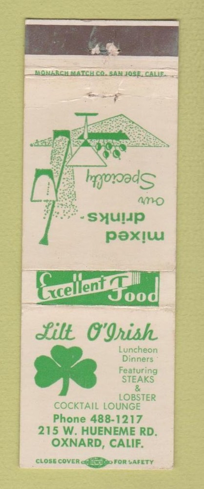 Matchbook Cover - Lilt O'IRish Restaurant Oxnard CA WEAR