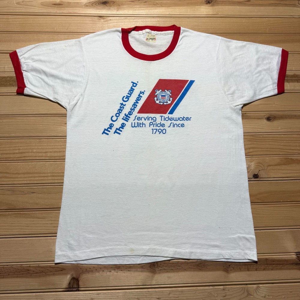Vintage 80s US Coast Guard Lifesavers Serving Tidewater Ringer T-Shirt USA Large