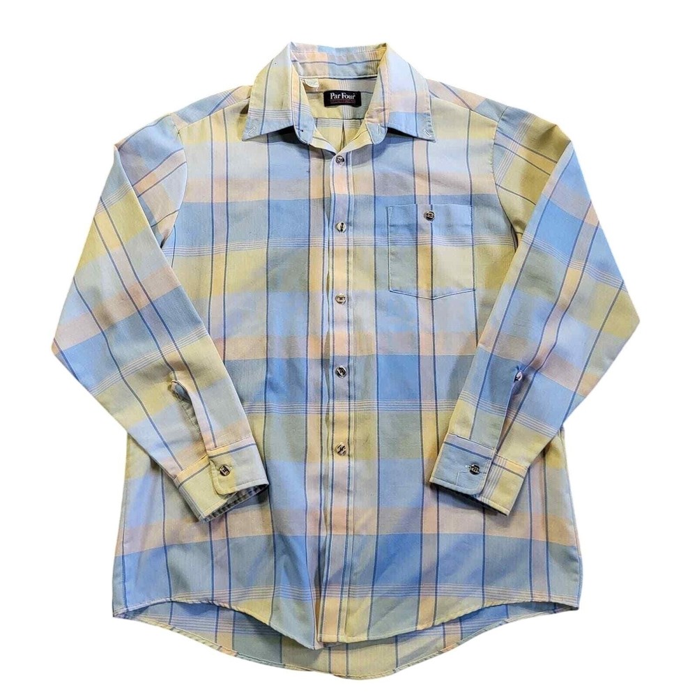 Vintage 80s Par Four Pastel Plaid Men's Shirt Size L Made in USA Yellow Blue