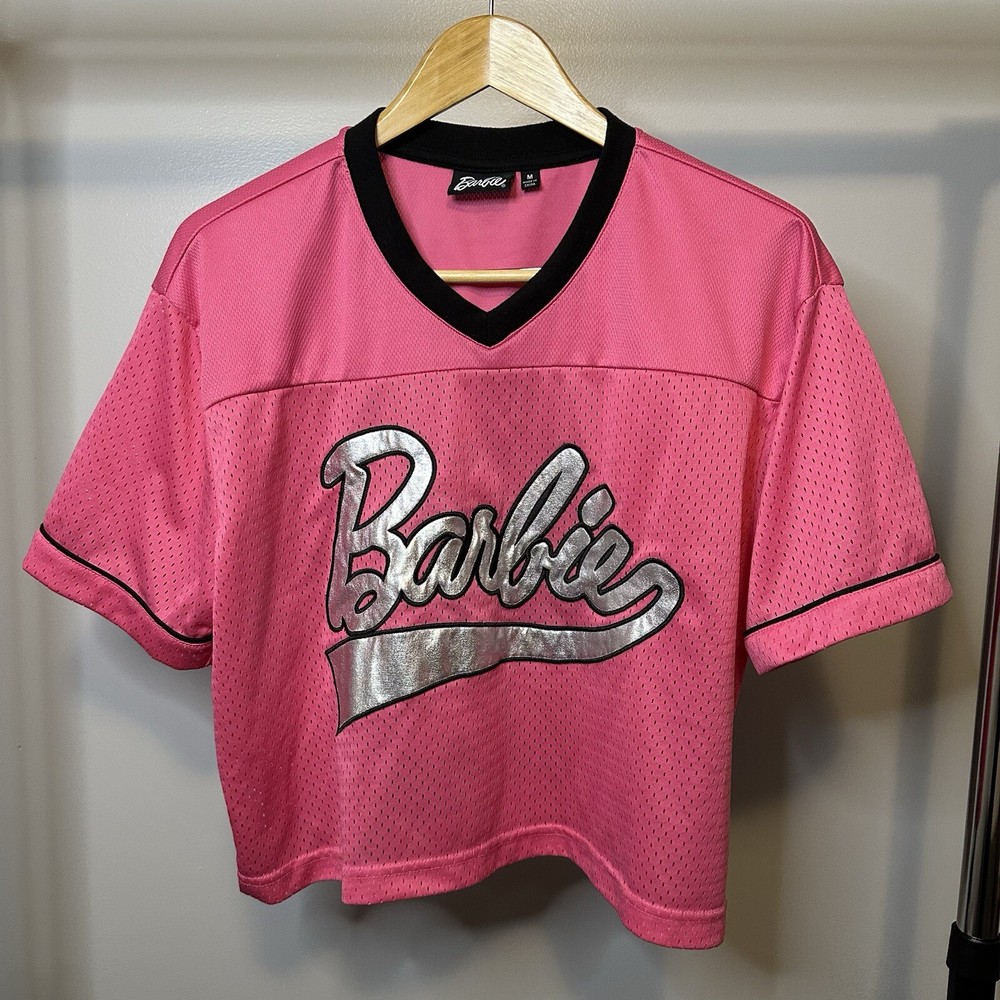 Barbie Crop Top Football Jersey Women’s M “Malibu” #59 Mattel Pink & Black Mesh